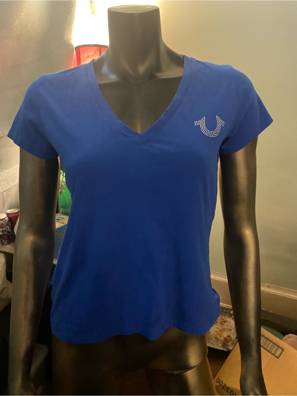 True Religion Women's V-Neck Tee in Royal Blue with Rhinestone Horseshoe